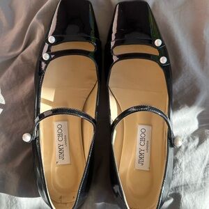 Jimmy Choo Black Patent Leather Flats with Pearl Accents size 38 1/2 (8.5 US)